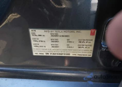 2016 Tesla Model S 90D/P100D/P85D/P90D z USA, uszkodzony, nr VIN 5YJSA1E45GF151693